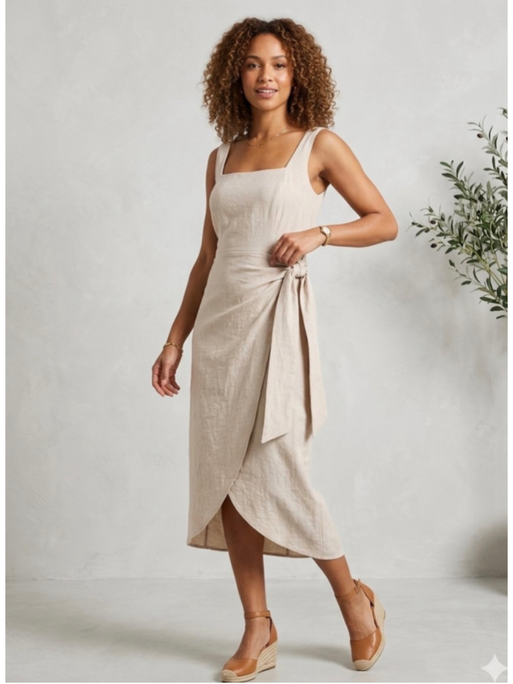 Women’s Sam Edelman Dress size 6 Linen Clean Faux Wrap Dress Tan Maxi Length NWT
